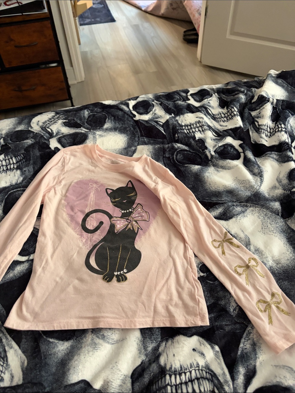 The Children's Place Pink Long-Sleeve Tee with Black Cat and Gold Bow Accents